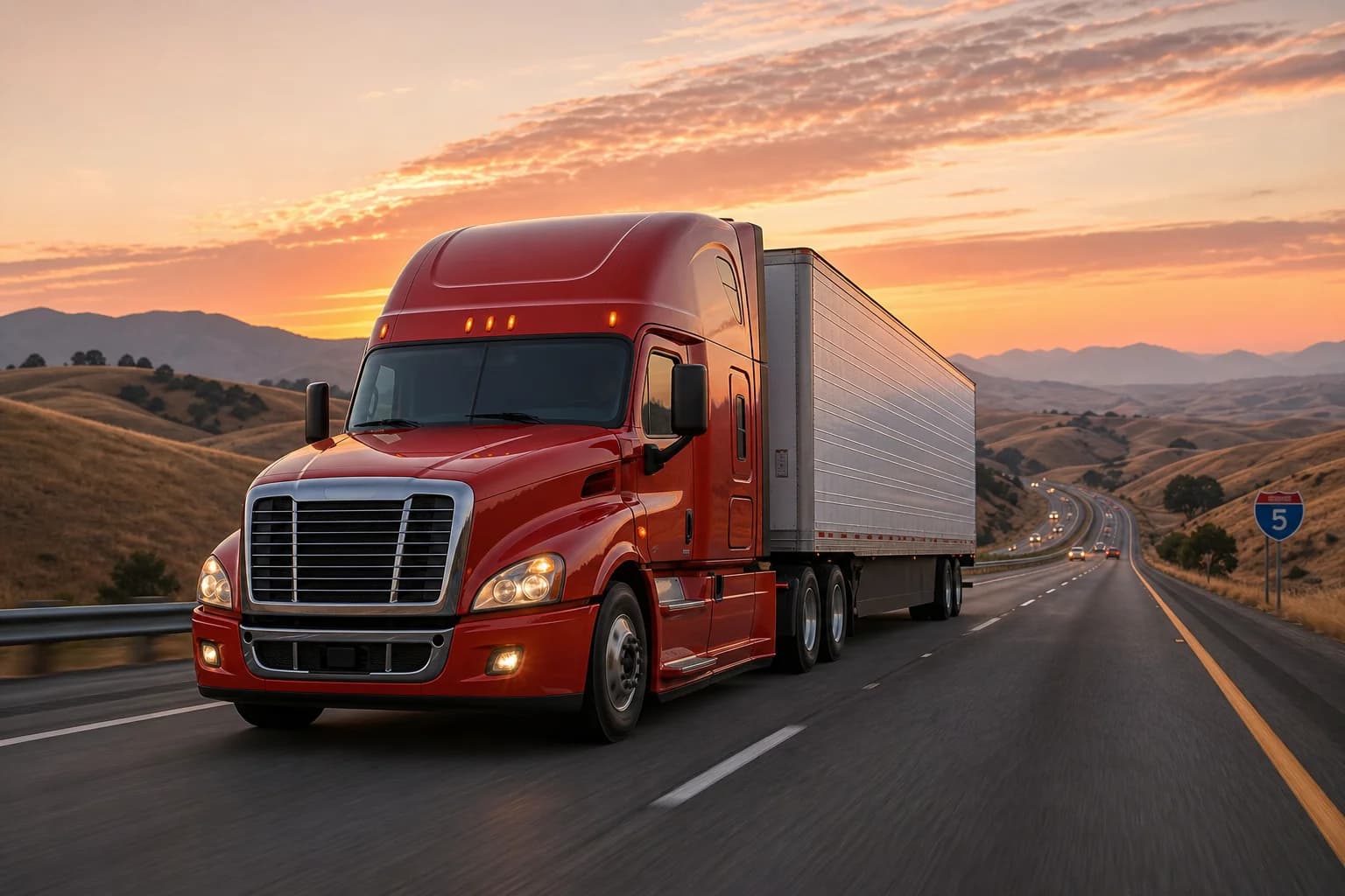SSJ Cargo truck on the I-5 highway through California hills